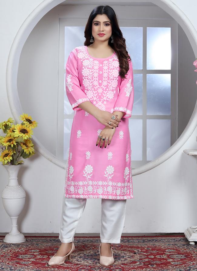 Rayon Pink Casual Wear Chikankari Work Readymade Kurti With Pant